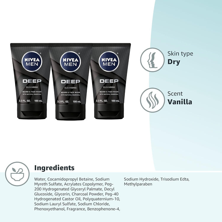 DEEP Cleansing Beard and Face Wash, Enriched with Natural Charcoal, 3 Pack of 3.3 Fl Oz Tubes