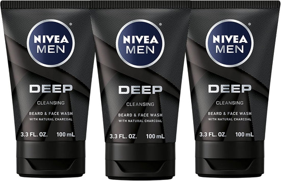 DEEP Cleansing Beard and Face Wash, Enriched with Natural Charcoal, 3 Pack of 3.3 Fl Oz Tubes