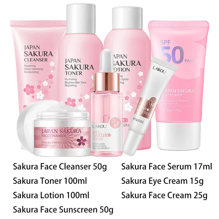 Japan Sakura Facial Cleaner Korean Face Serum Exfoliating Peeling Gel Moisturize Toner Eye Cream Sunscreen Cosmetic Skincare Set
