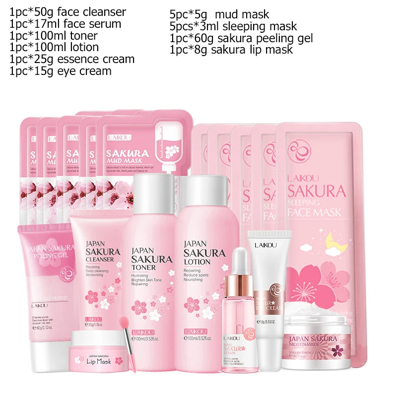 Japan Sakura Facial Cleaner Korean Face Serum Exfoliating Peeling Gel Moisturize Toner Eye Cream Sunscreen Cosmetic Skincare Set