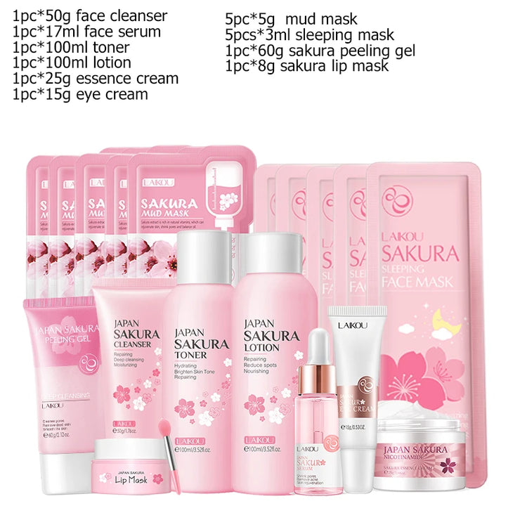 Japan Sakura Facial Cleaner Korean Face Serum Exfoliating Peeling Gel Moisturize Toner Eye Cream Sunscreen Cosmetic Skincare Set